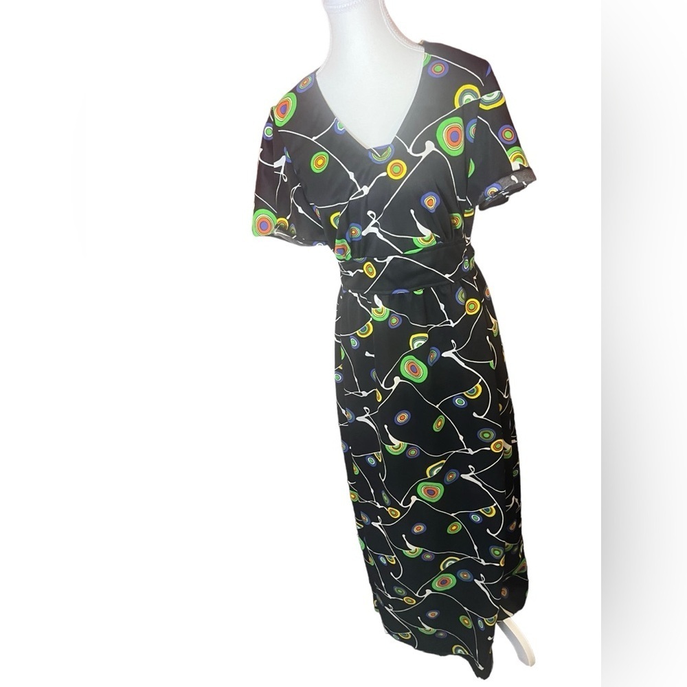 Vintage 70s Psych Pop Abstract Flutter Midi Dress Small